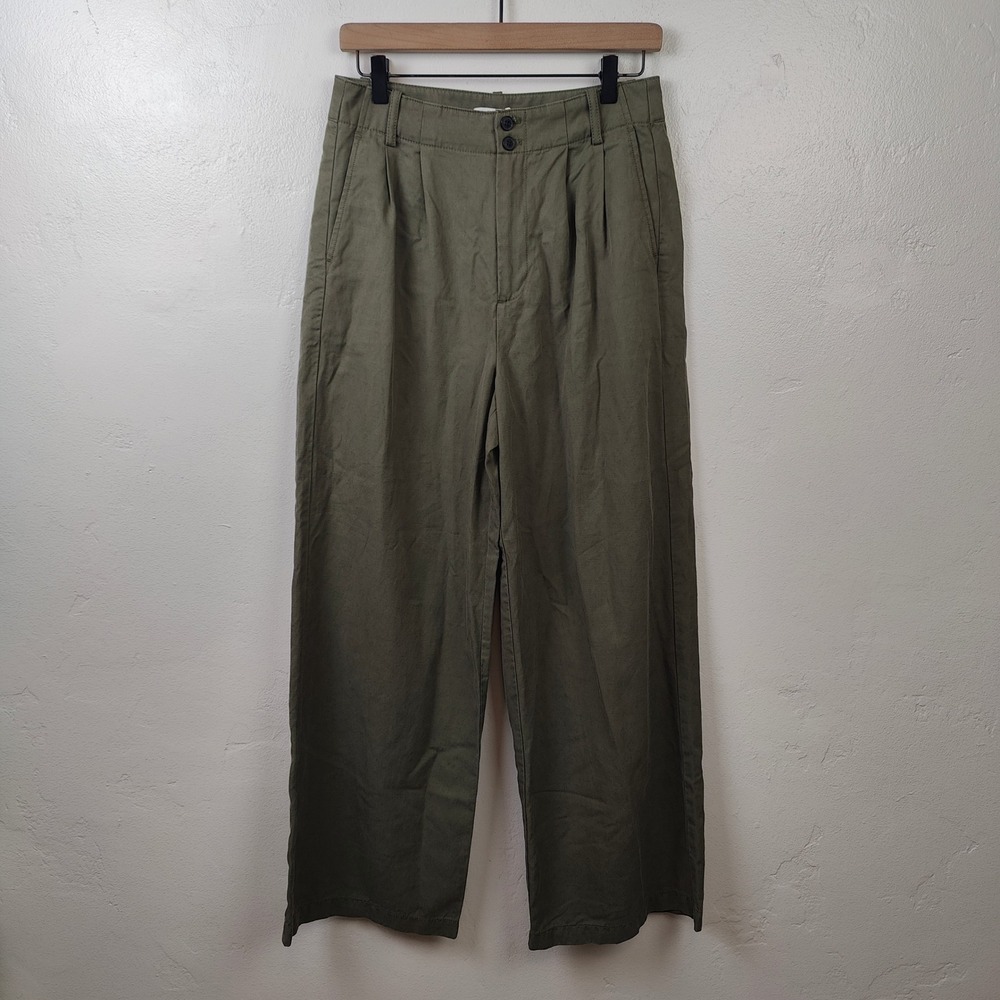 Madewell Womens The Harlow Wide-Leg Pants 4 Green High Rise Cotton Linen Pleated